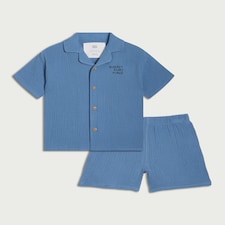 F&F Boys 2-Piece Pure Cotton Surf Vibes Shirt and Shorts Pyjama Set in Blue