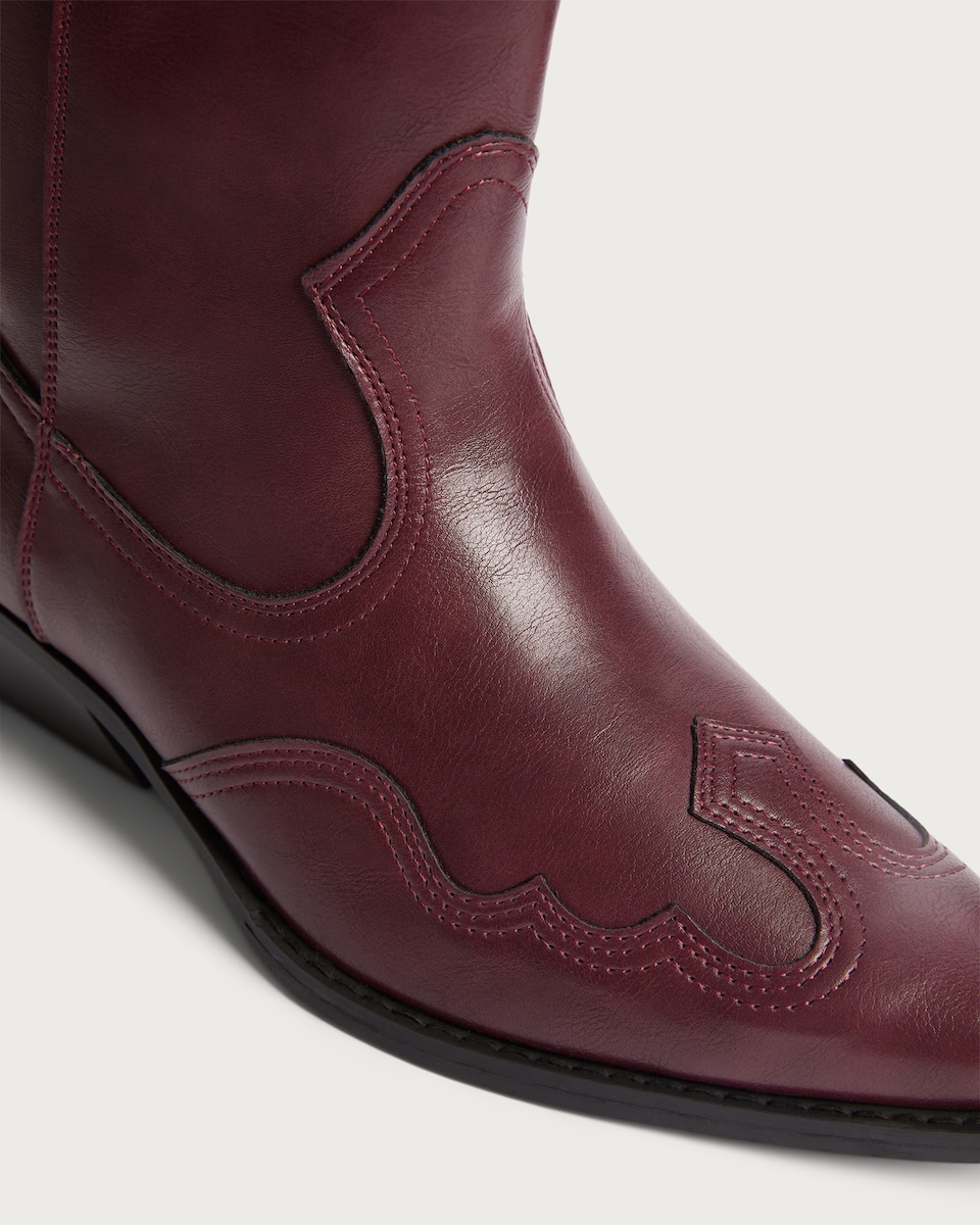 image 1 of F&F Faux Leather Western Inspired Cowboy Boots in Burgundy