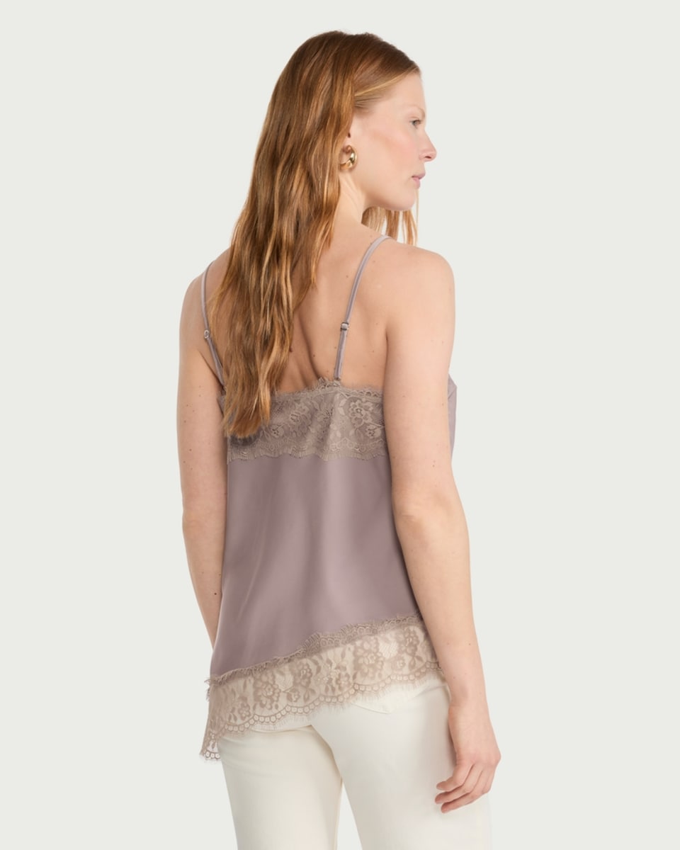 image 1 of F&F Satin Lace Trim Asymmetric Hem Cami Top in Mink