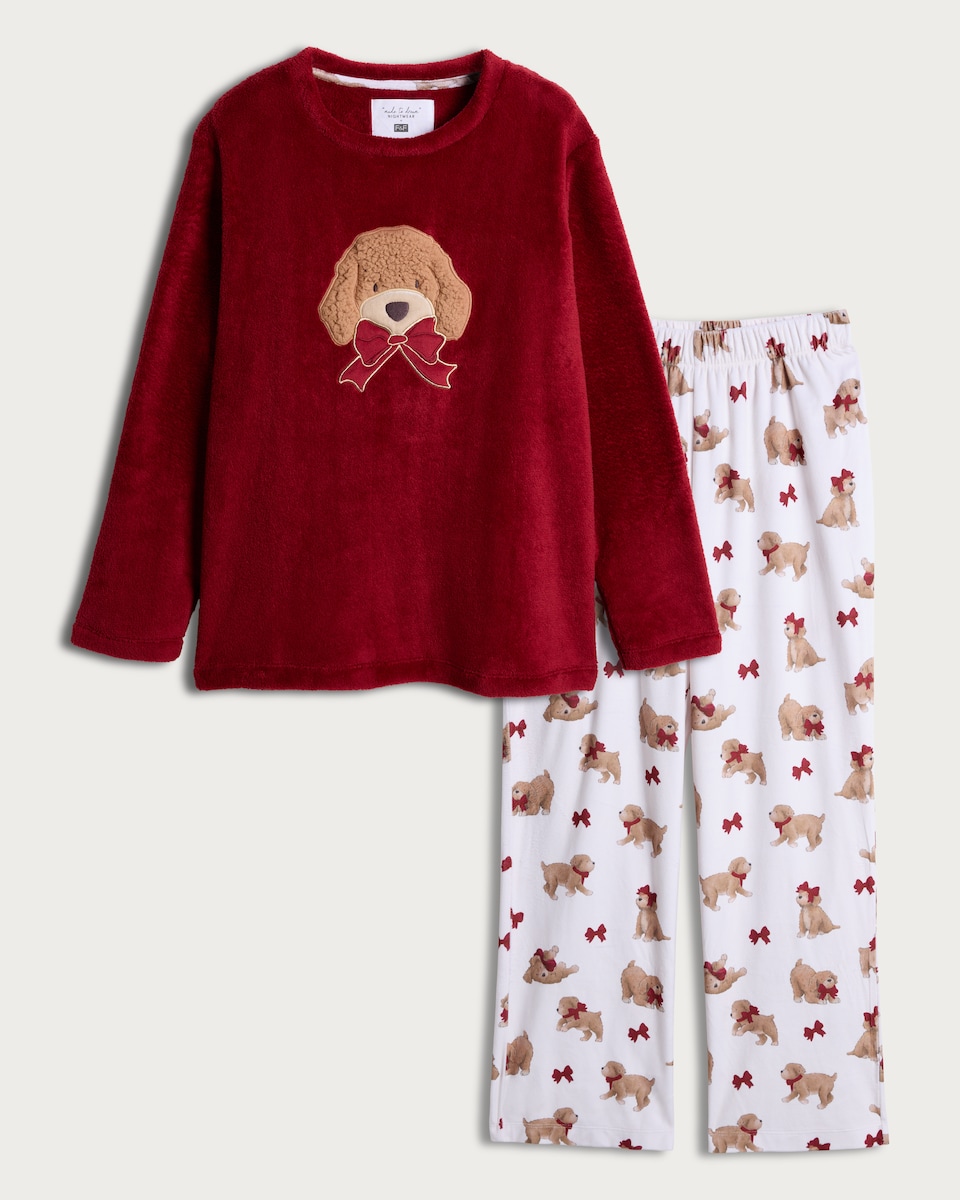 image 1 of F&F Curtis The Dog Fleece Top and Bottoms Pyjamas in Red