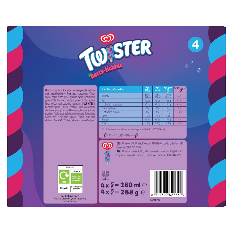 image 1 of Wall's Twister Berrylicious Ice Lollies 4x70ml