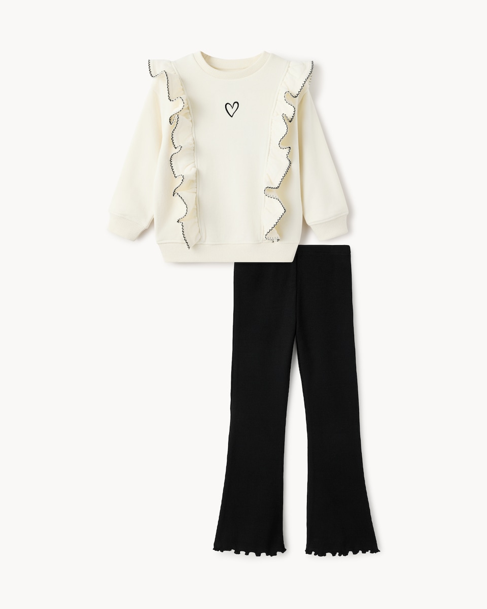 image 1 of F&F Girls Cotton Rich Frill Jumper and Flared Leggings Set in Cream