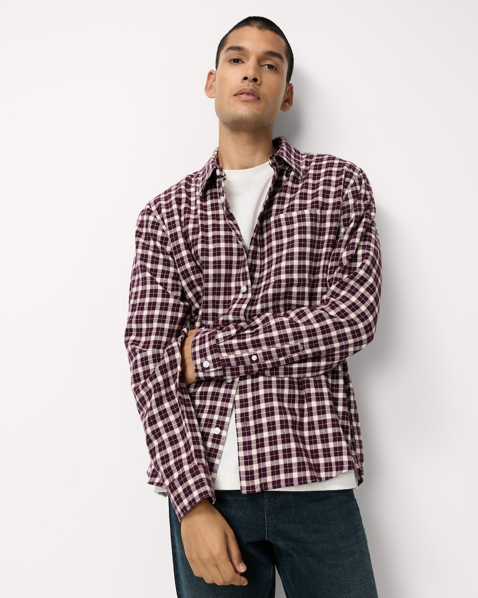 image 1 of F&F Pure Cotton Brushed Checked Shirt in Burgundy