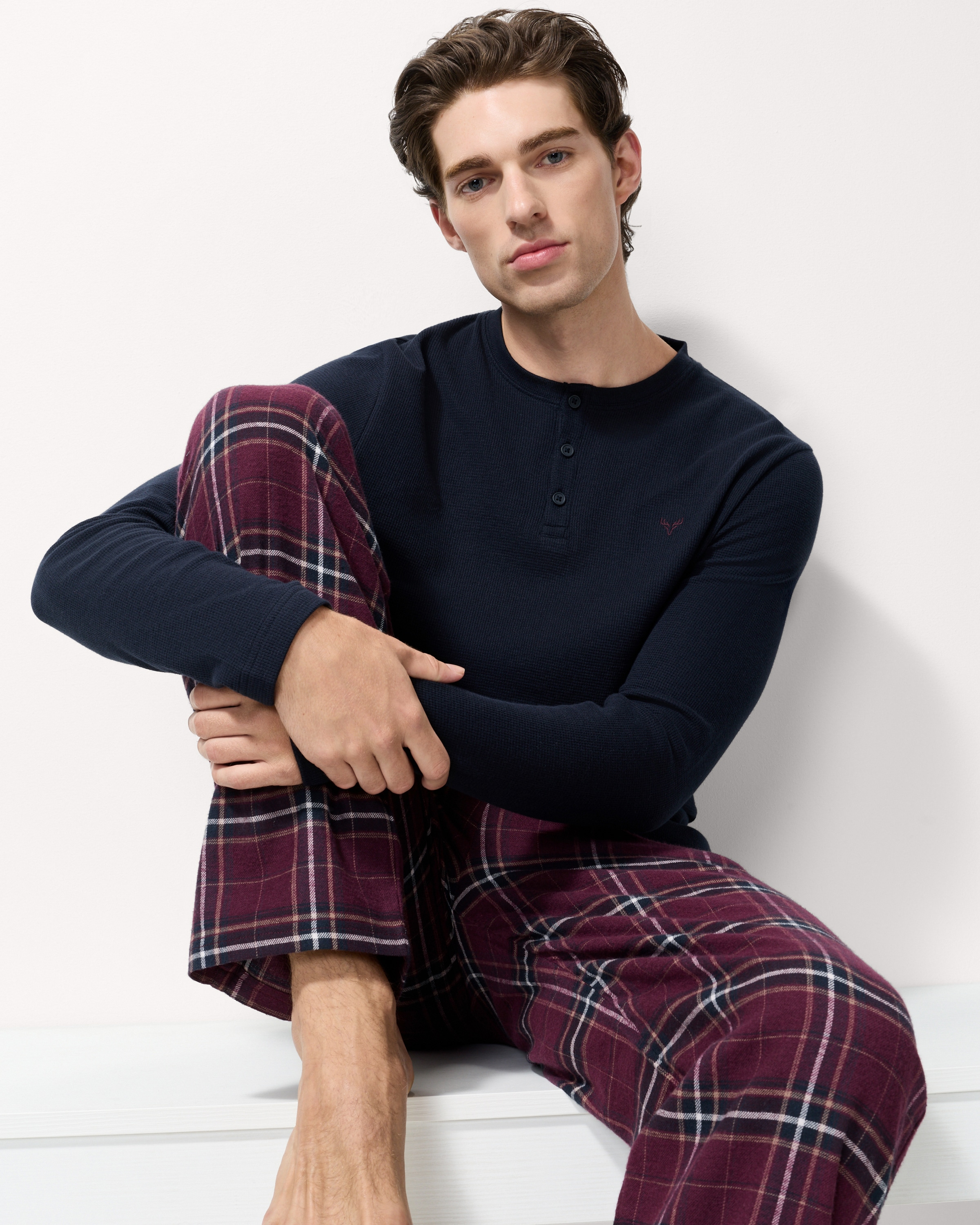 F&F Pure Cotton Waffle Checked Woven Bottoms Pyjama Set in Navy, 2XL