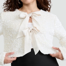 F&F Sequin Faux Velvet Bow Jacket in Cream