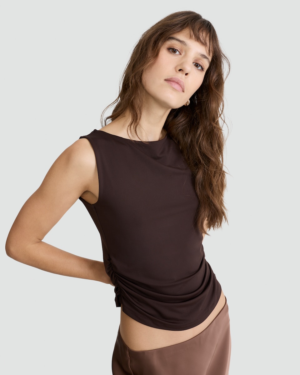 image 1 of F&F Polyamide Cowl Neck Ruched Sleeveless Top in Chocolate