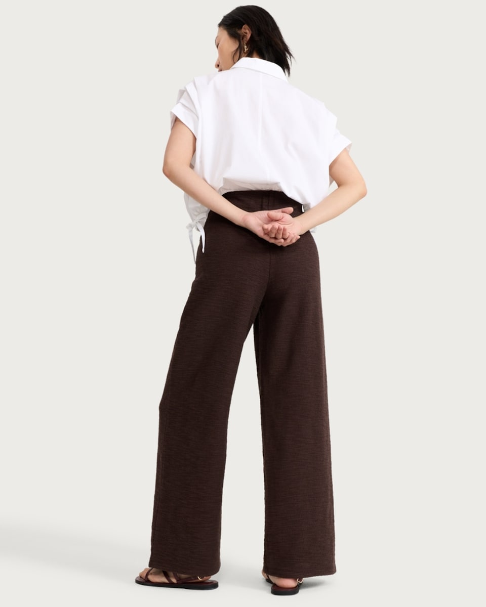 image 1 of F&F Cotton Rich Boucle Textured Wide Leg Trousers in Chocolate