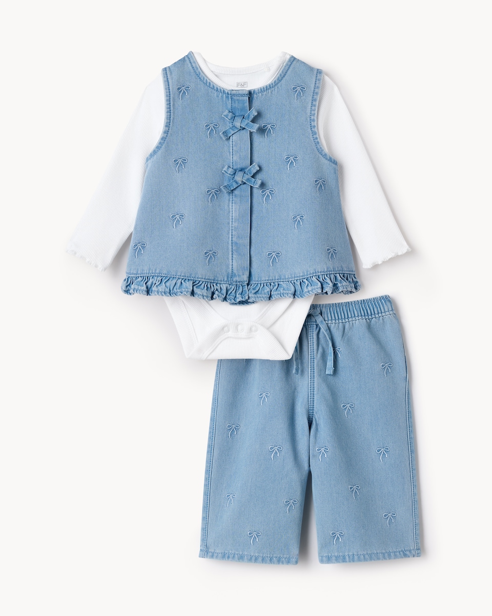 image 1 of F&F Baby 3-Piece Cotton Rich Embroidered Set in Blue