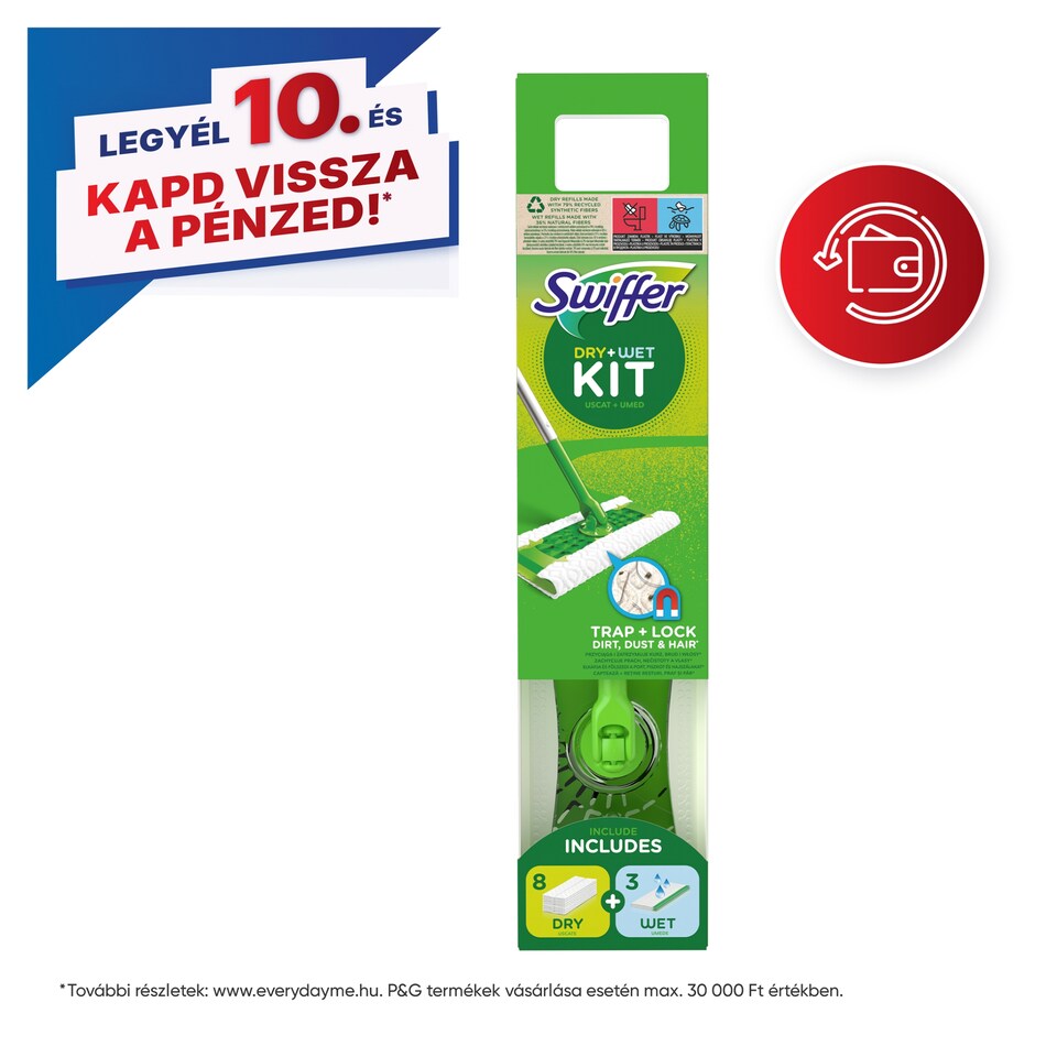 Swiffer Sweeper Kezdőkészet: 1 db Felmosó, 8. db Száraz és 3. db Nedves Felmosókendő Utántöltő