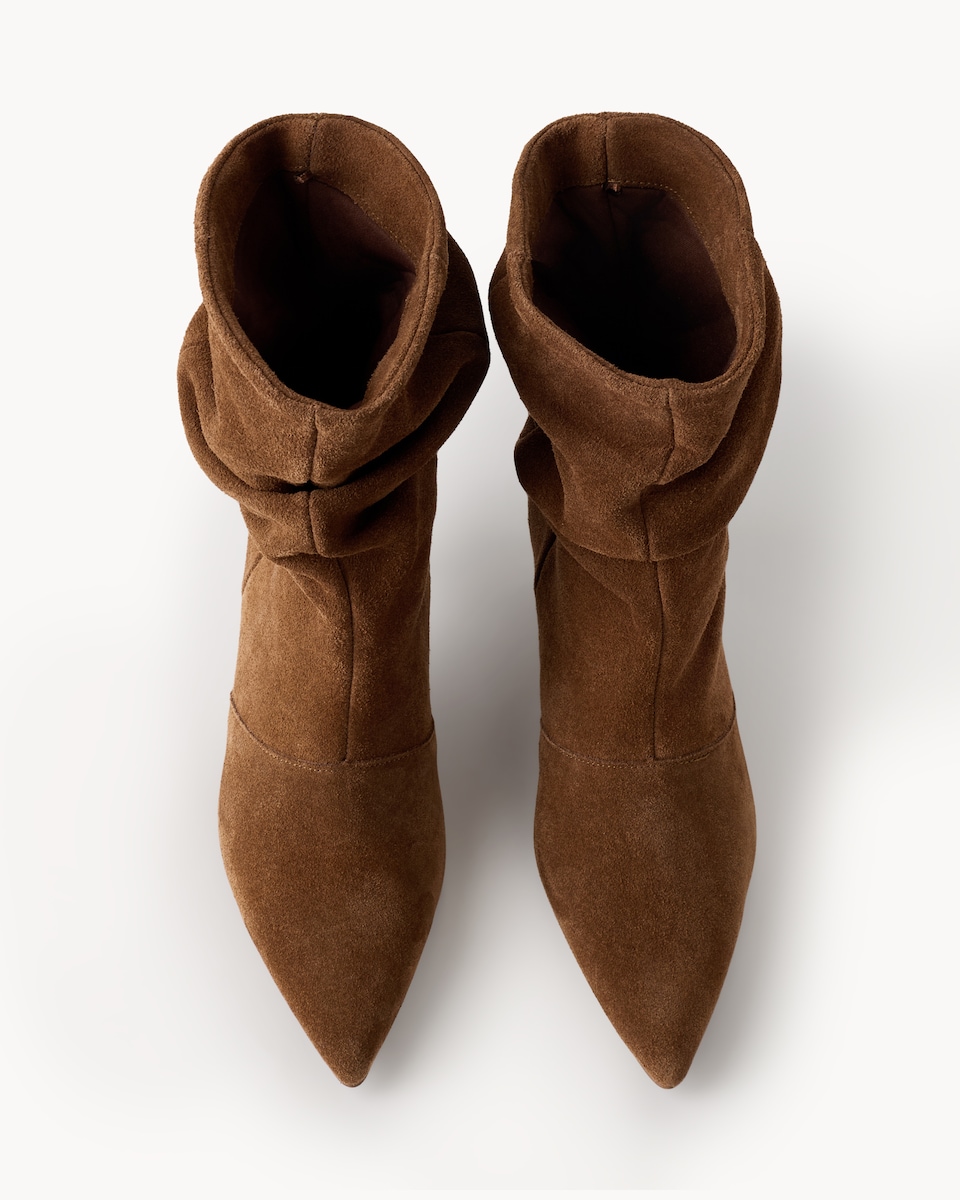 image 1 of SACHA Suede Kitten Heel Slouchy Boots in Brown