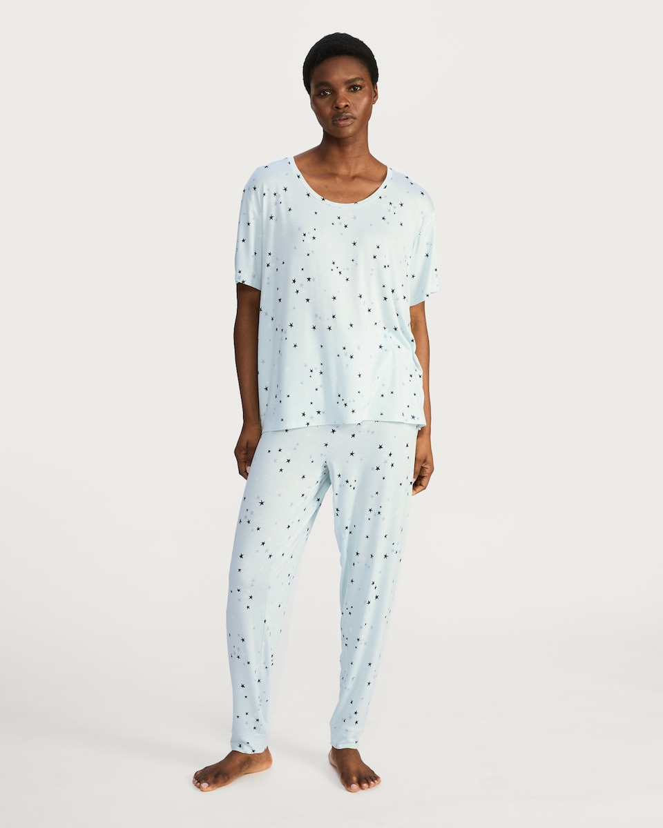 image 1 of F&F Star Print Short Sleeved Pyjama Top in Multi Blue
