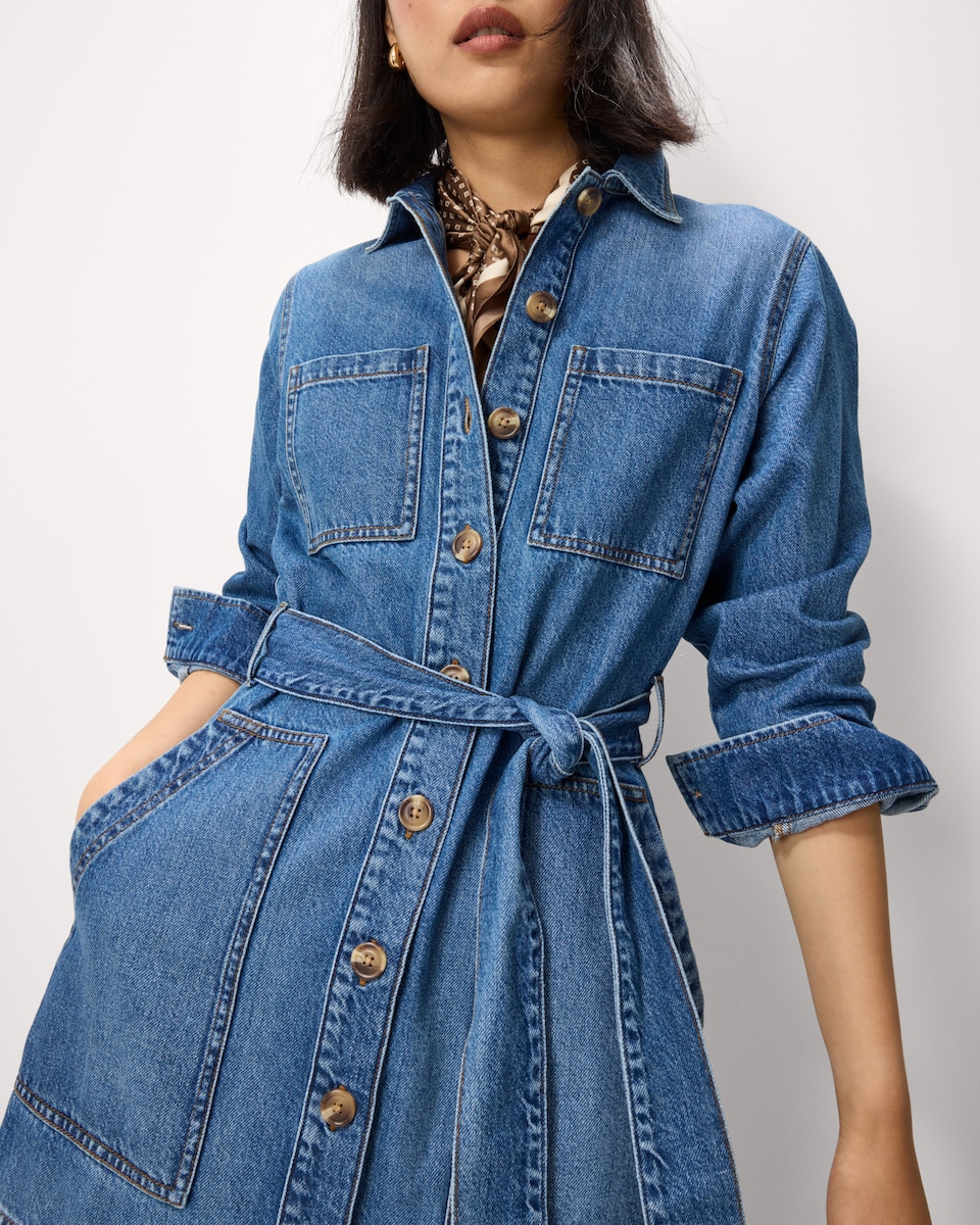 image 1 of F&F Pure Cotton Denim Belted Mini Dress in Blue