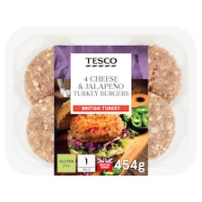 Tesco 4 Cheese & Jalapeno Turkey Burgers 454G