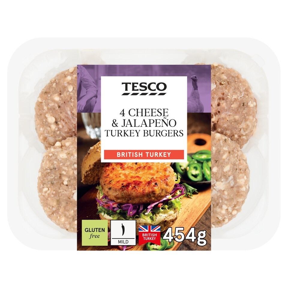 Tesco 4 Cheese & Jalapeno Turkey Burgers 454G