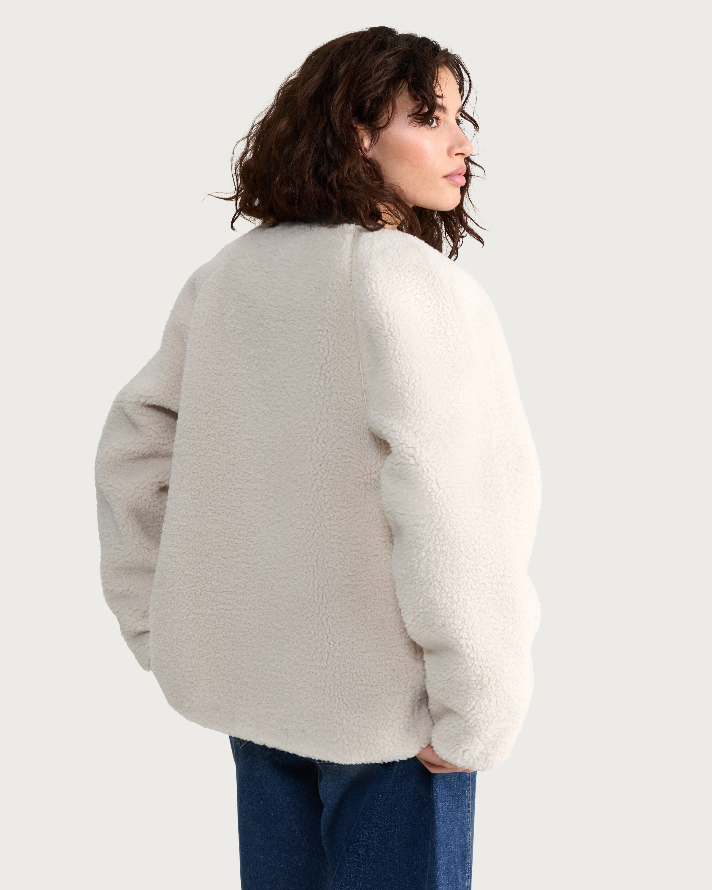 F&F Borg Zip Up Collarless Jacket in Cream - Tesco Groceries