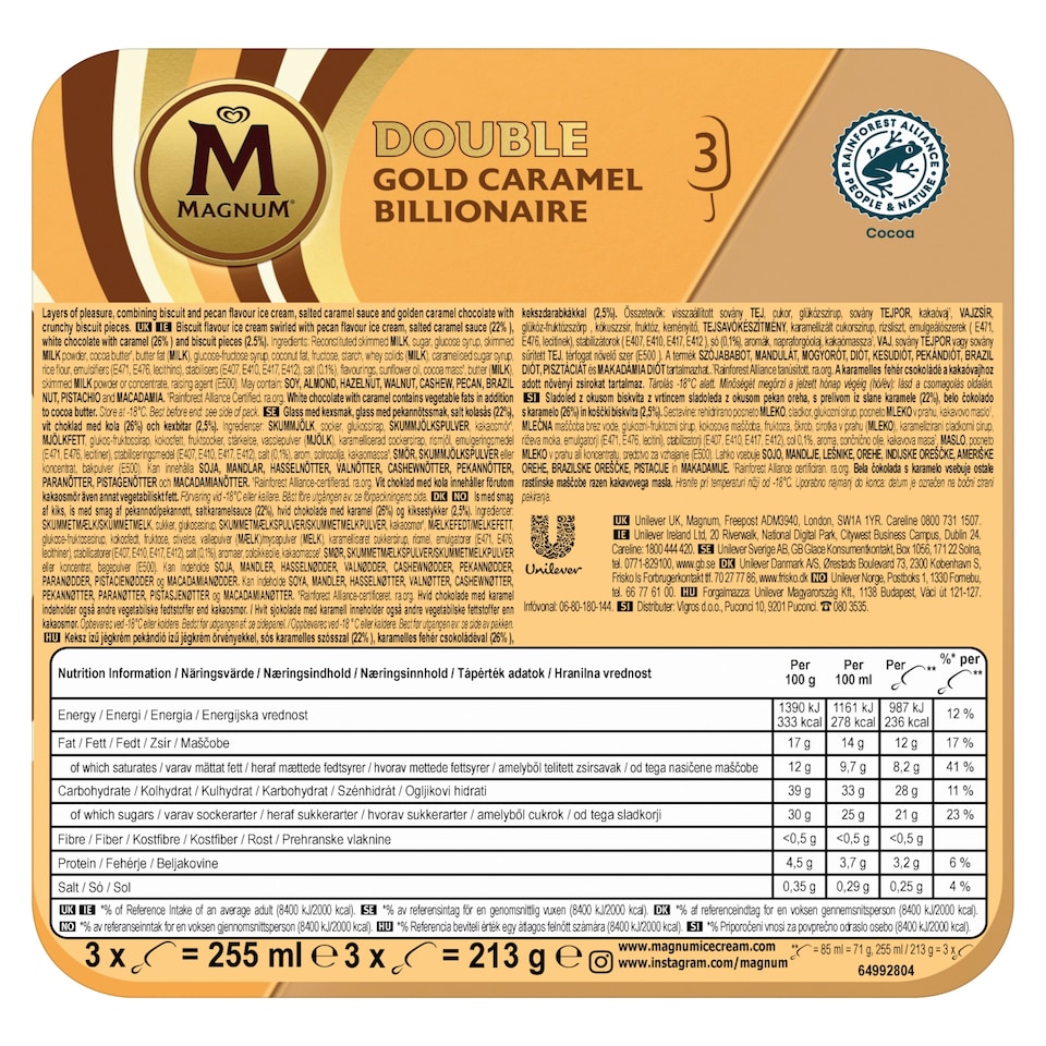 image 1 of Magnum Double Gold Caramel Billionaire Ice Cream Sticks 3x85ml