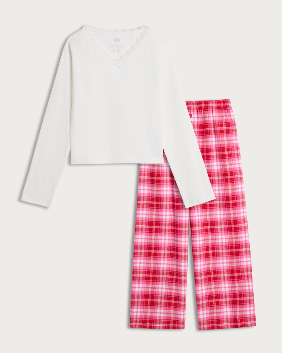 image 1 of F&F Girls Cotton Rich Lace Trim Top and Check Trousers Pyjamas in Cream Multi