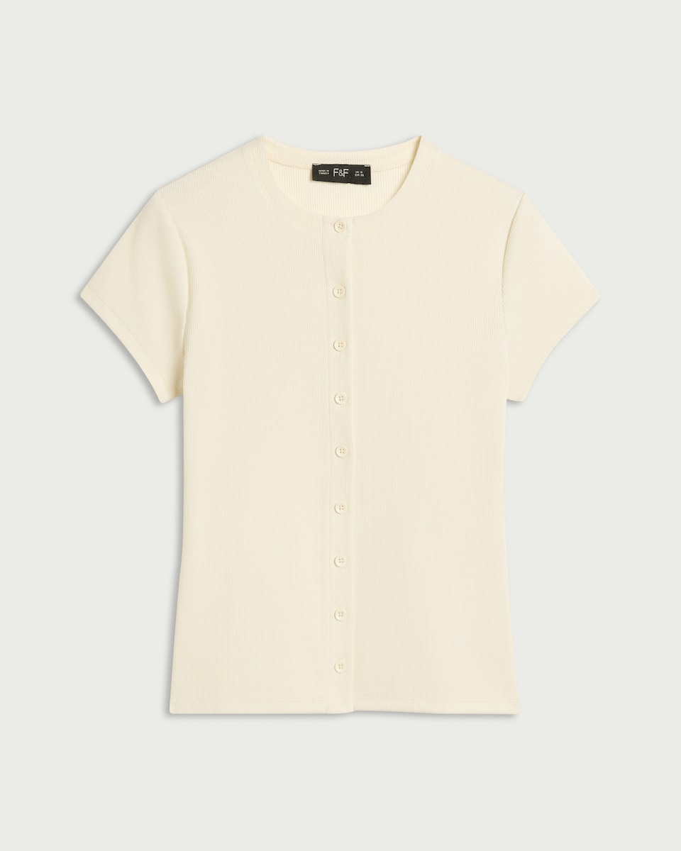 image 1 of F&F Cotton Rich Ribbed Button Up Top in Cream