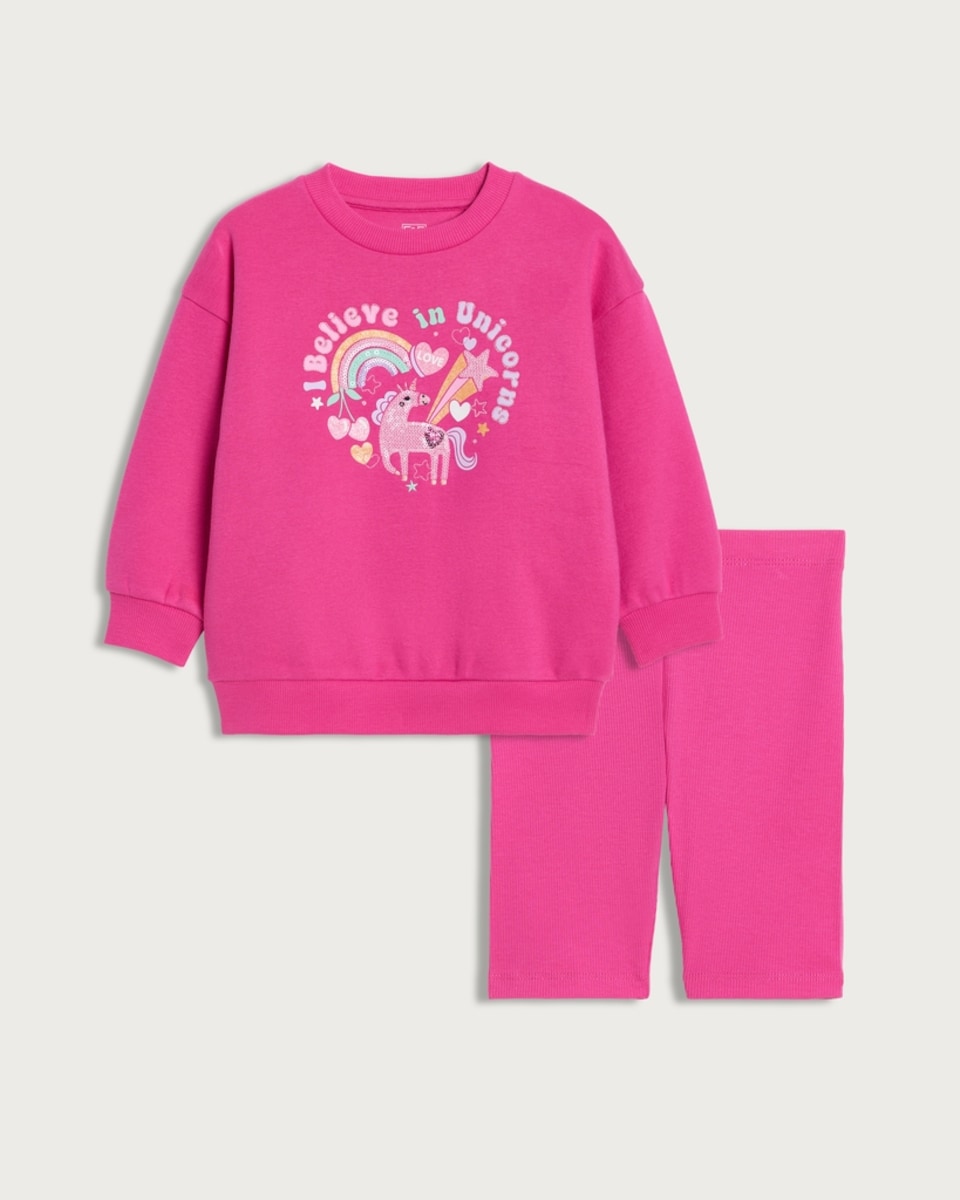 image 1 of F&F Girls 2-Piece Cotton Rich Unicorn Print Sweatshirt and Cycling Shorts Set in Pink