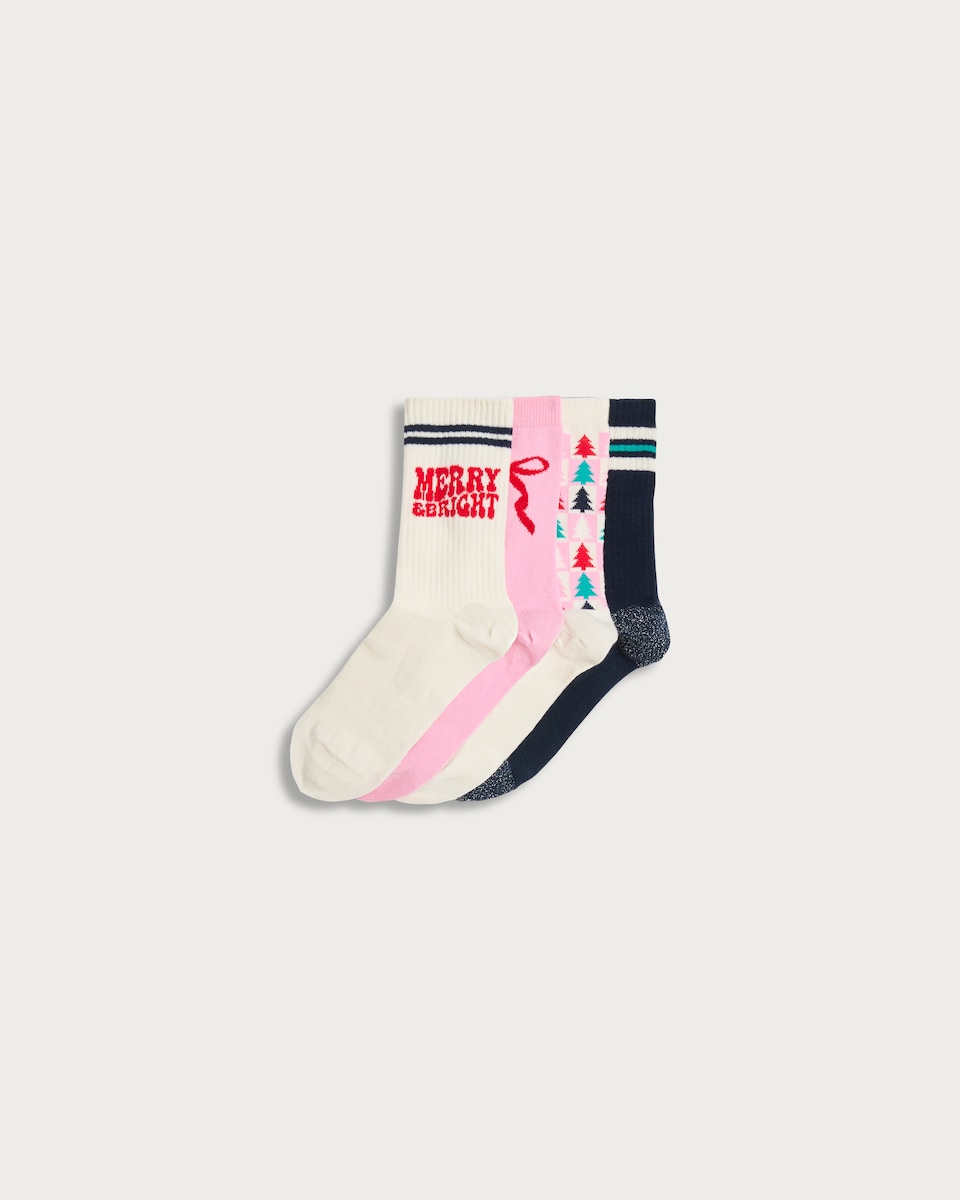 F&F 4-Pack Cotton Rich Christmas Print Ankle Socks in Pink