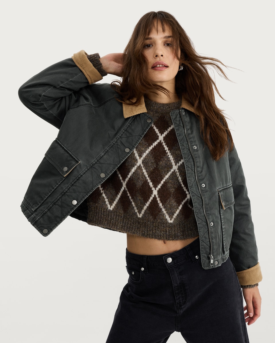 image 1 of F&F Cotton Rich Corduroy Collar Jacket in Grey
