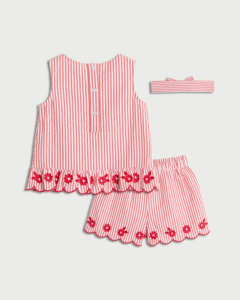 image 1 of F&F Baby 3-Piece Pure Cotton Striped Embroidered Vest, Shorts and Headband Set in Red