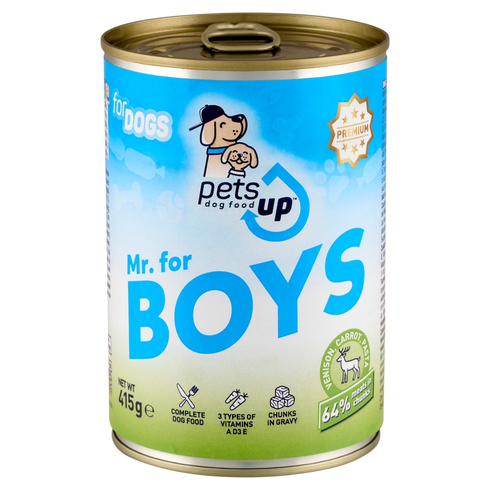 PetsUp Mr. for Boys állateledel felnőtt kutyáknak vaddal, sárgarépával, tésztával, szószban 415 g  1. kép