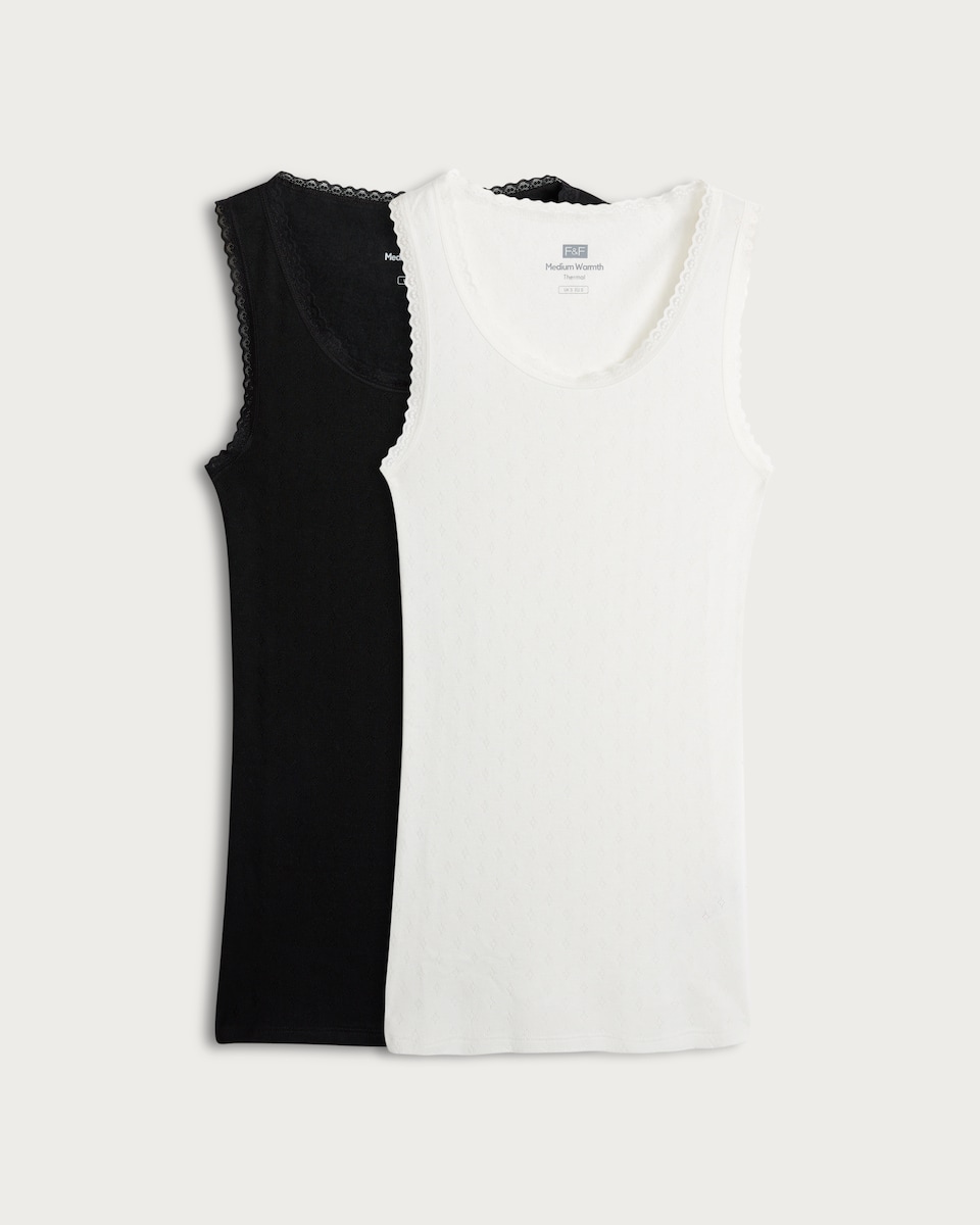 image 1 of F&F 2-Pack Pointelle Lace Trim Thermal Vests in Black