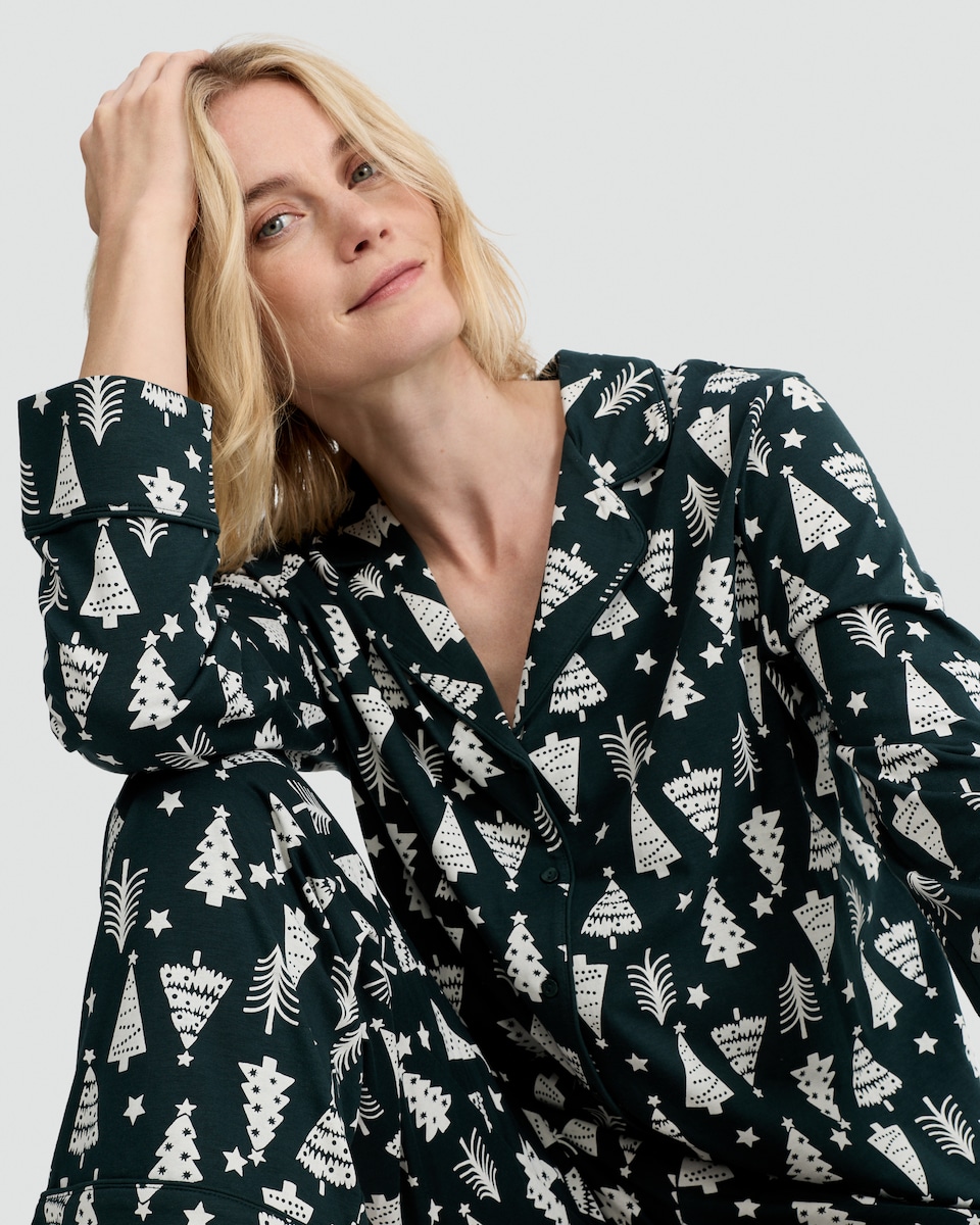 image 1 of F&F Pure Cotton Christmas Tree Print Shirt and Trousers Pyjamas in Green