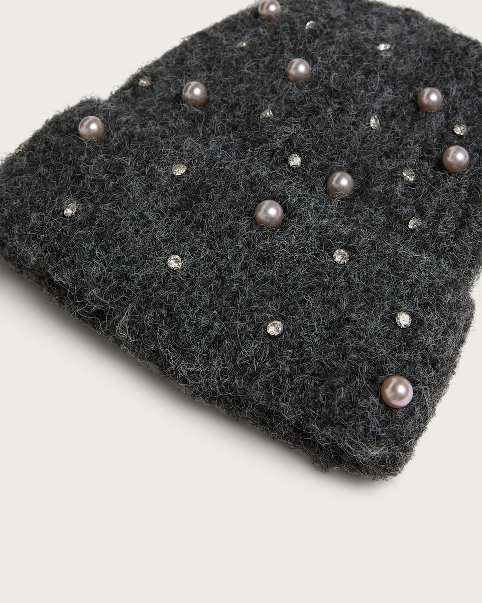image 1 of F&F Knitted Diamanté Embellished Faux Pearl Beanie Hat with Wool in Grey