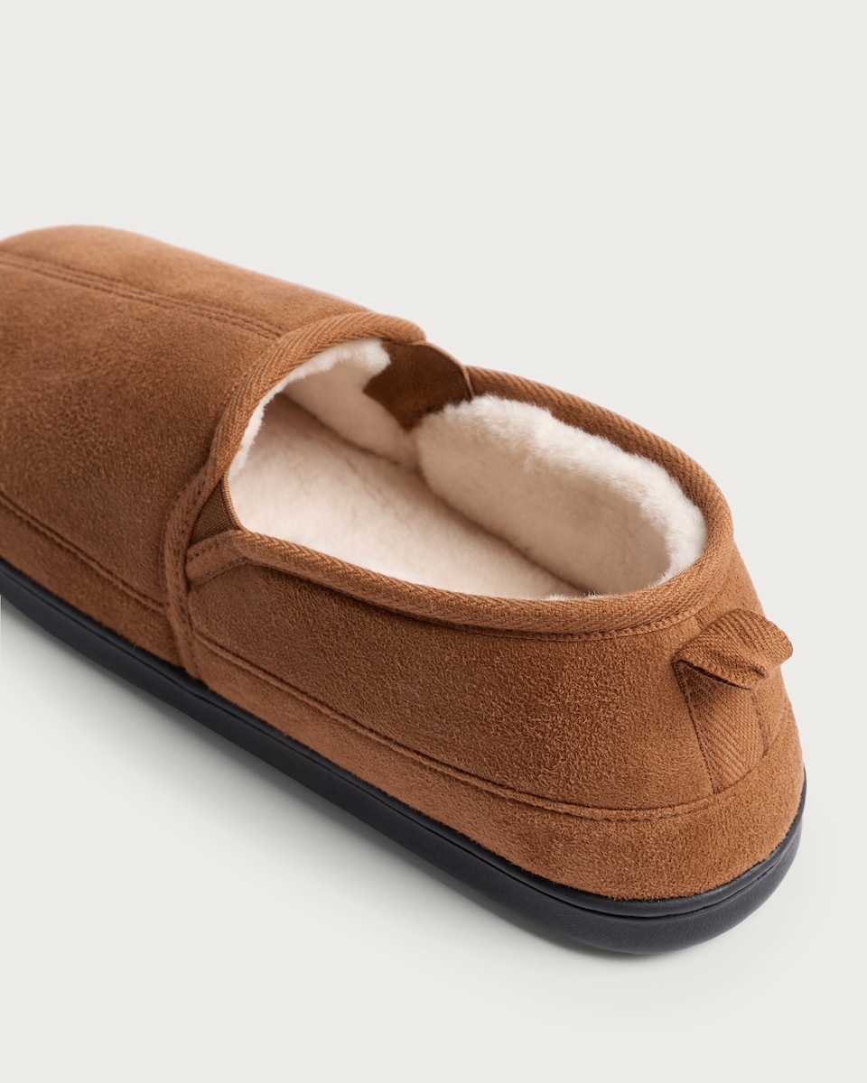 image 1 of F&F Suede Faux Fur Lined Slip On Slippers in Tan