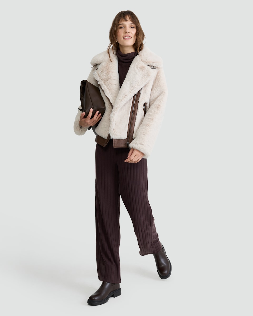 image 1 of F&F Faux Fur Aviator Jacket in Cream