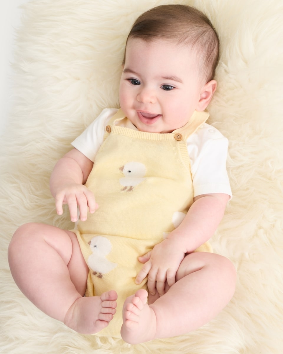 image 1 of F&F Baby 2-Piece Pure Cotton Knitted Duck Dungarees and Bodysuit Set in Yellow