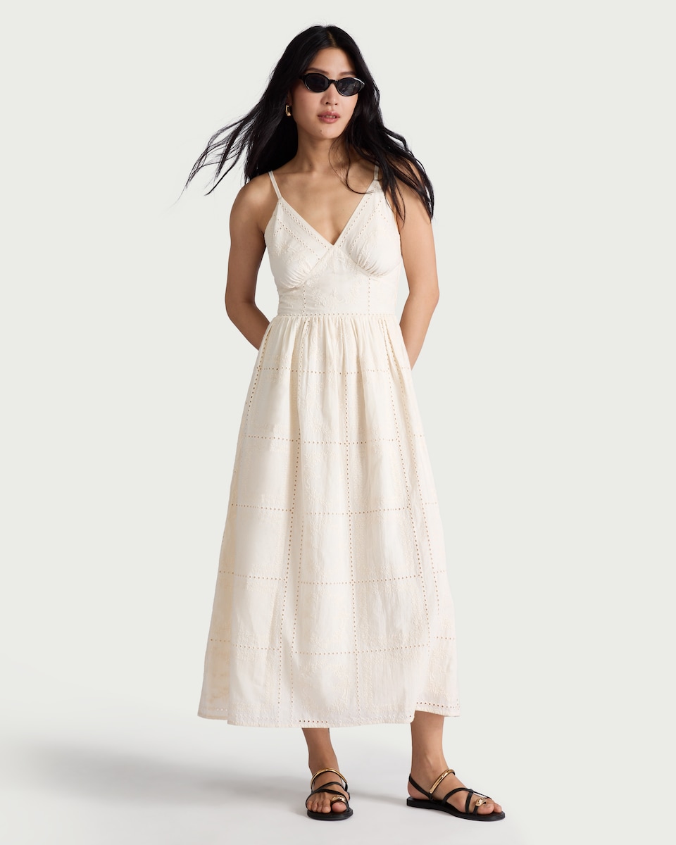 image 1 of The F&F Edit Pure Cotton Embroidered Patchwork Midi Dress in Cream