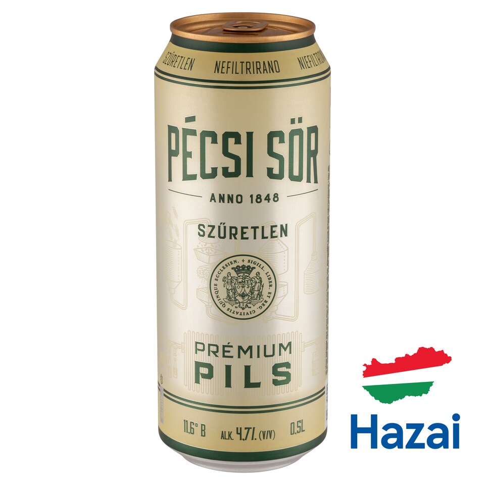 Pécsi Sör Prémium Pils szűretlen minőségi világos sör 4,7% 0,5 l
