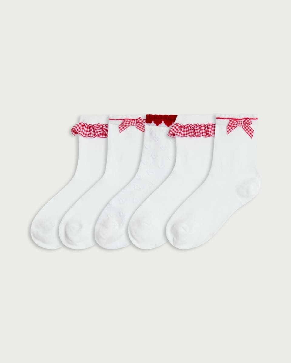 F&F Girls 5-Pack Cotton Rich Gingham Detail Ankle Socks in Multi