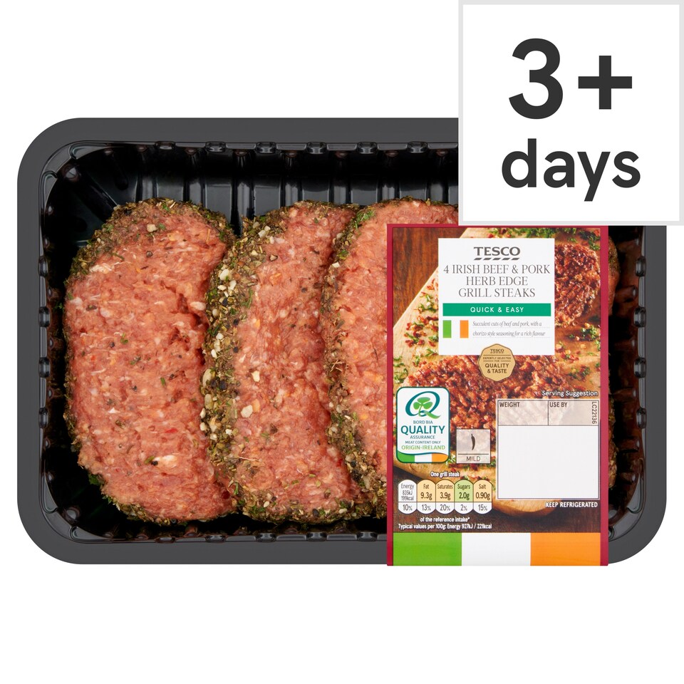 Tesco 4 Irish Beef and Pork Herb Edge Grill Steaks 454g