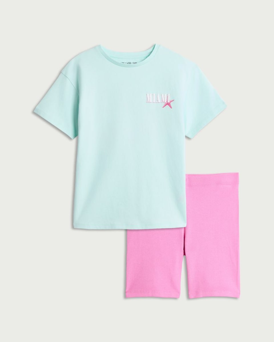 image 1 of F&F Girls 2-Piece Cotton Rich T-Shirt and Cycling Shorts Set in Multi Pink