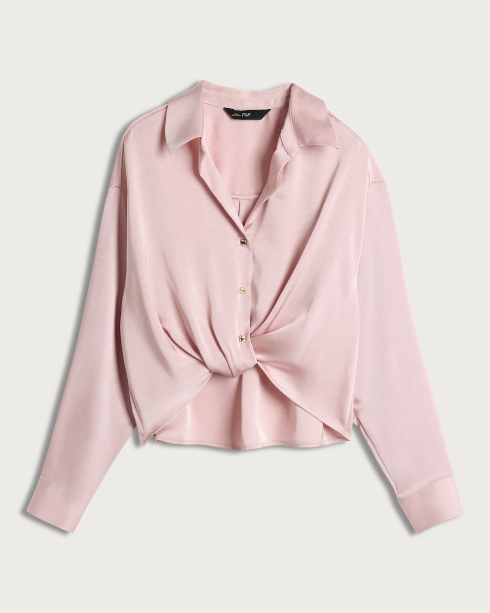 image 1 of F&F Satin Twist Front Hem Button Up Co-ord Shirt in Pink