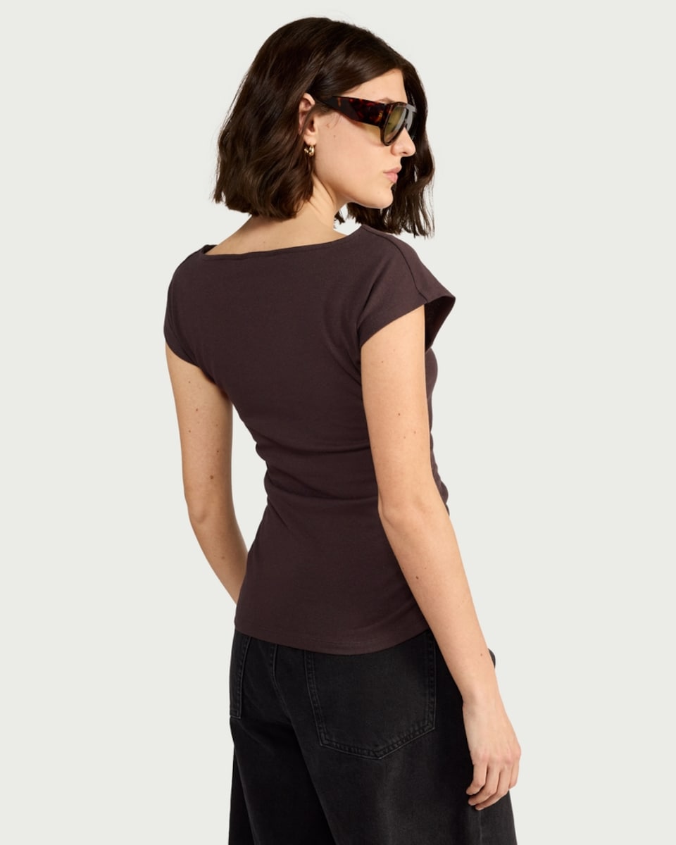 image 1 of F&F Cotton Rich Ruched Side Cap Sleeved Top in Chocolate