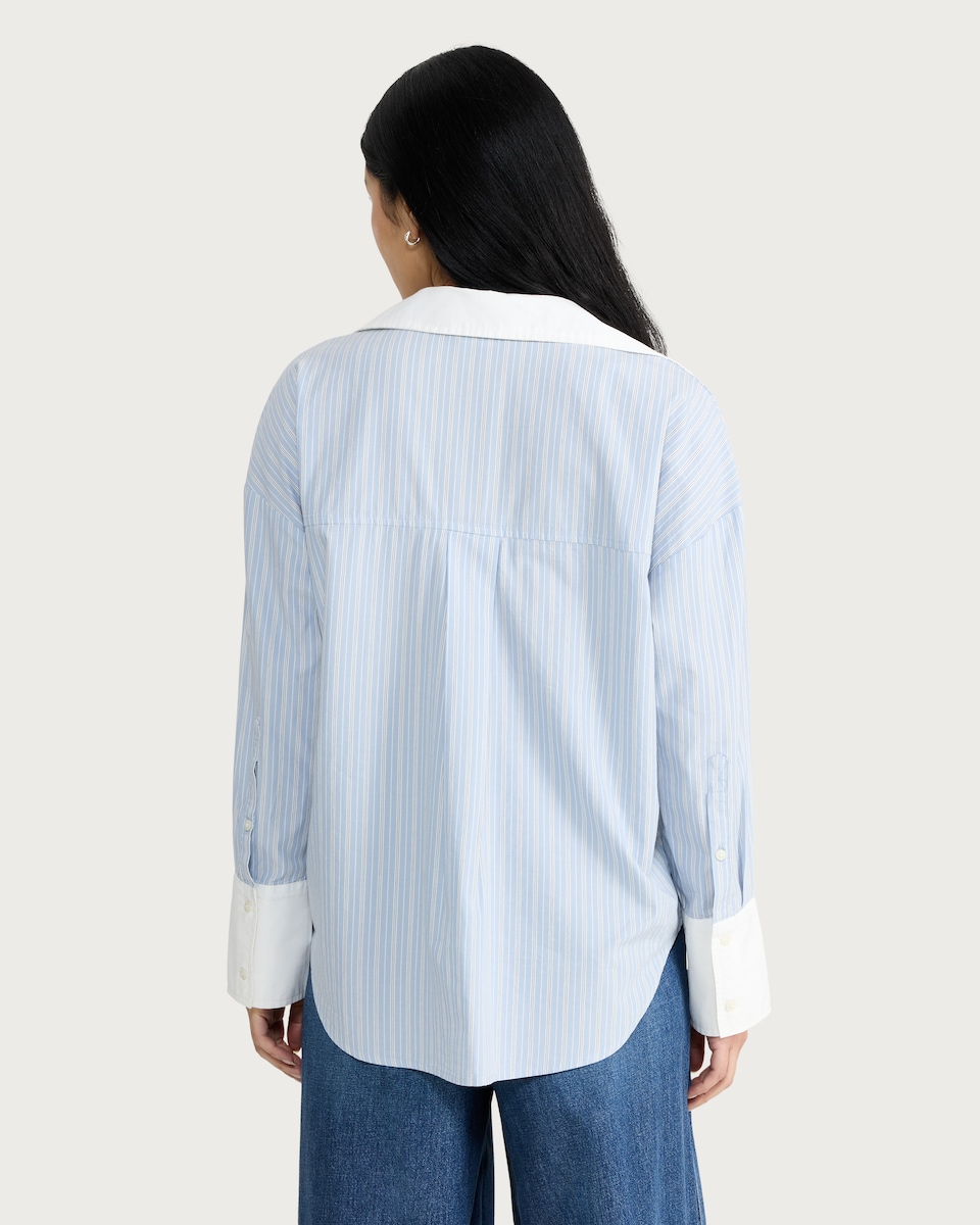 image 1 of F&F Cotton Rich Stripe Print Contrast Collar Oversized Fit Shirt in Blue