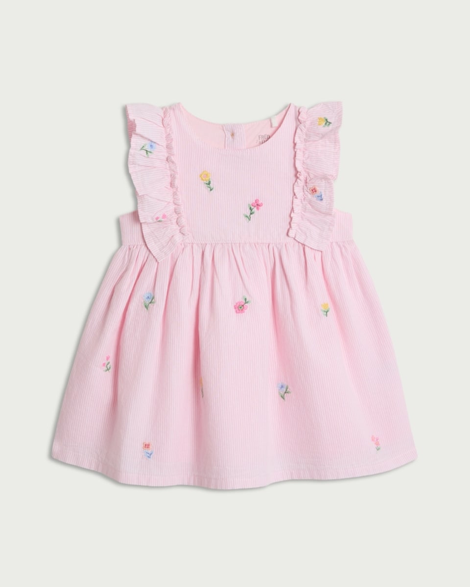 image 1 of F&F Baby Pure Cotton Embroidered Striped Dress in Pink