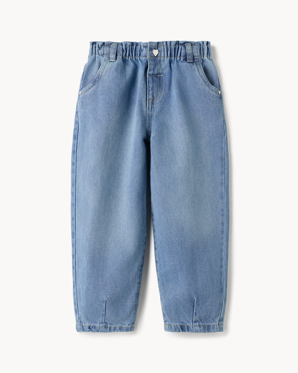 image 1 of F&F Girls Pure Cotton Heart Pocket Barrel Leg Jeans in Blue