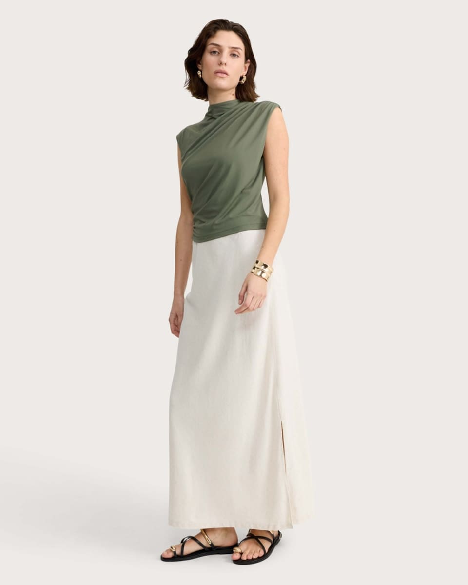 image 1 of F&F Polyamide Draped Ruched Sleeveless Top in Khaki