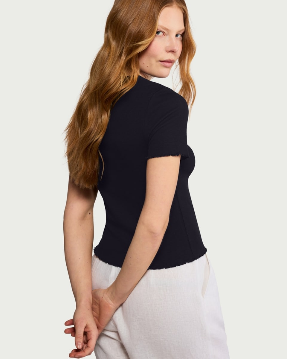 image 1 of F&F Cotton Rich Lettuce Edge T-Shirt in Black