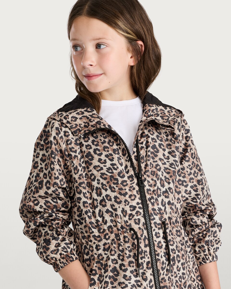 image 1 of F&F Girls Leopard Print Hooded Shower Resistant Jacket in Multi