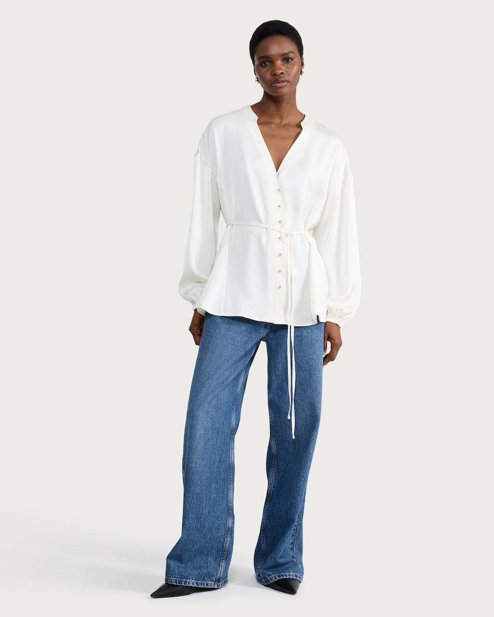 image 1 of F&F Satin Button Front Tie Waist Blouse in Cream