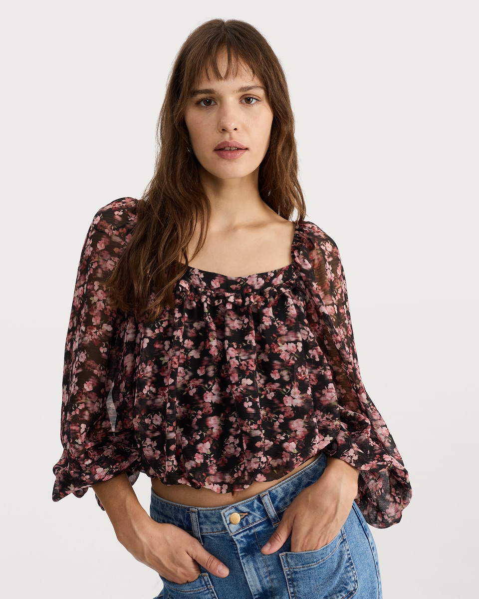 image 1 of F&F Floral Print Puff Sleeved Blouse in Multi Black