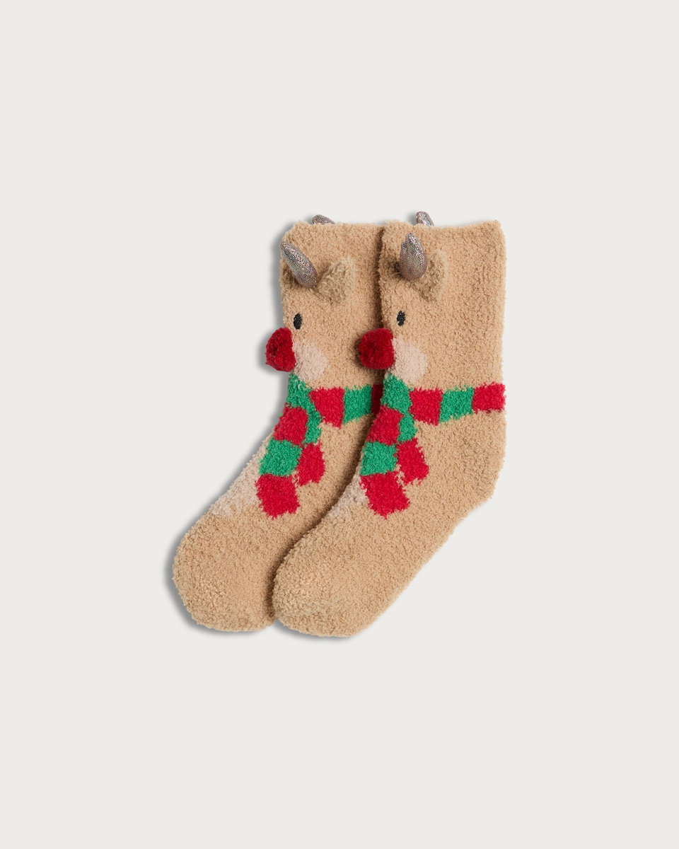 F&F Boys Fluffy Reindeer Cosy Socks in Pink Multi