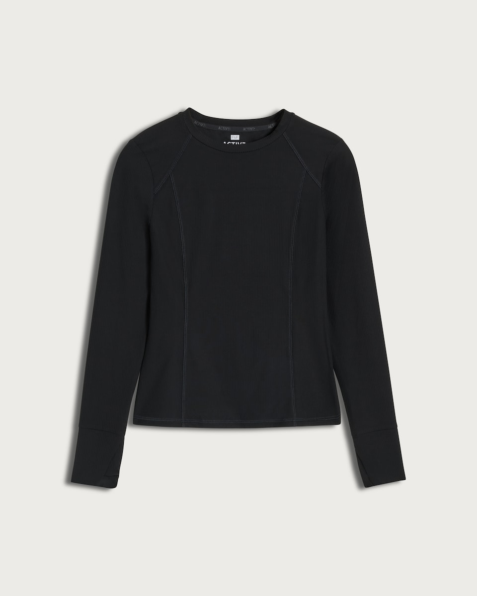 image 1 of F&F Active EVERYHOUR Ribbed Long Sleeved Top in Black